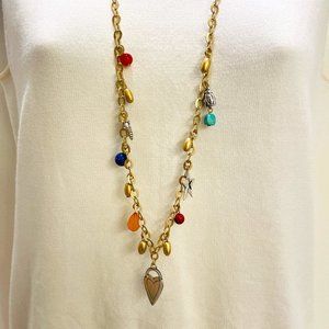 EUC Chico's Gold-Tone Necklace, Heart Pendant, Beads, Charms 34" L + 3" Extender